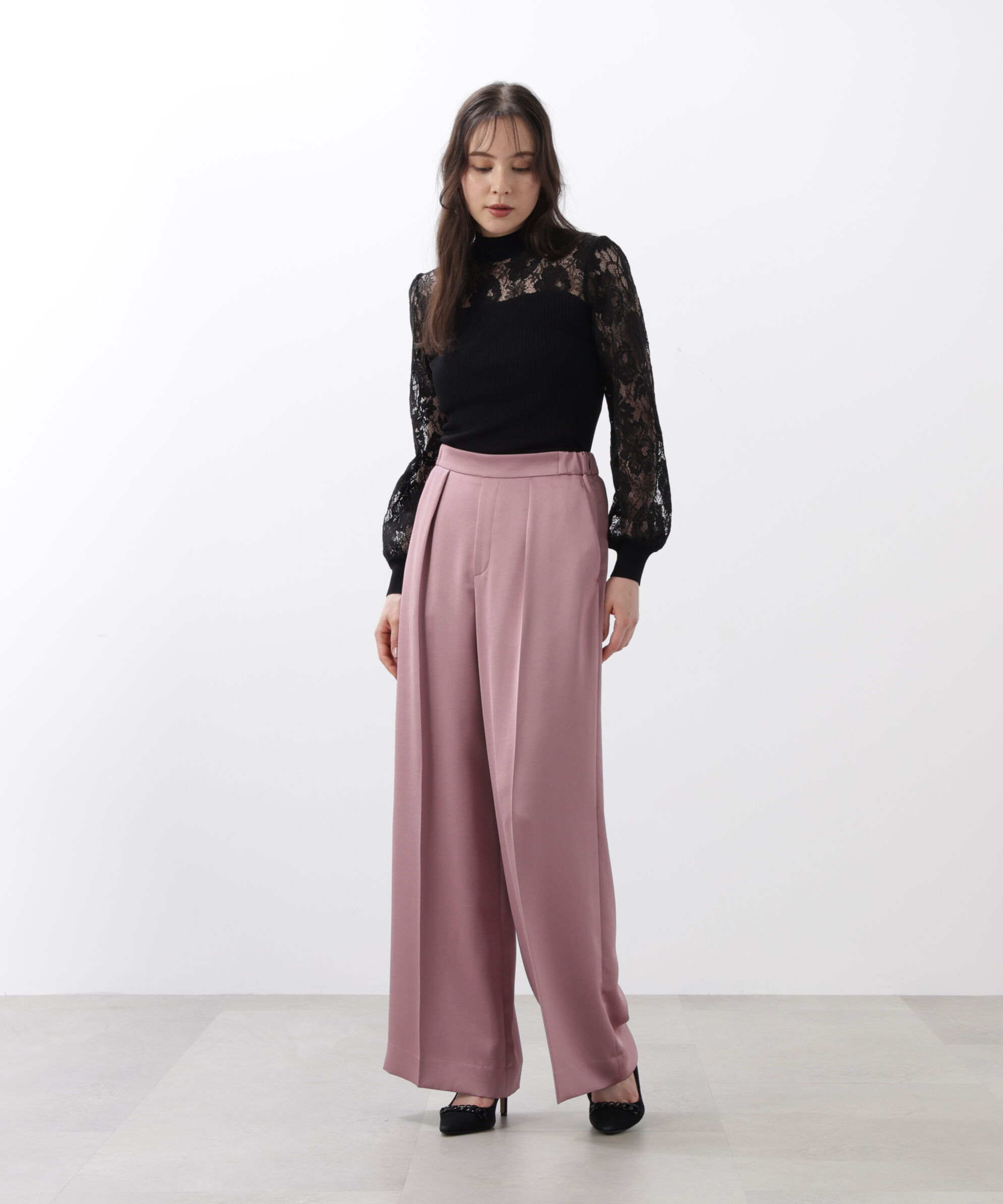  「◆レースコンビモックネックニットプルオーバー」|ニット・セーター|