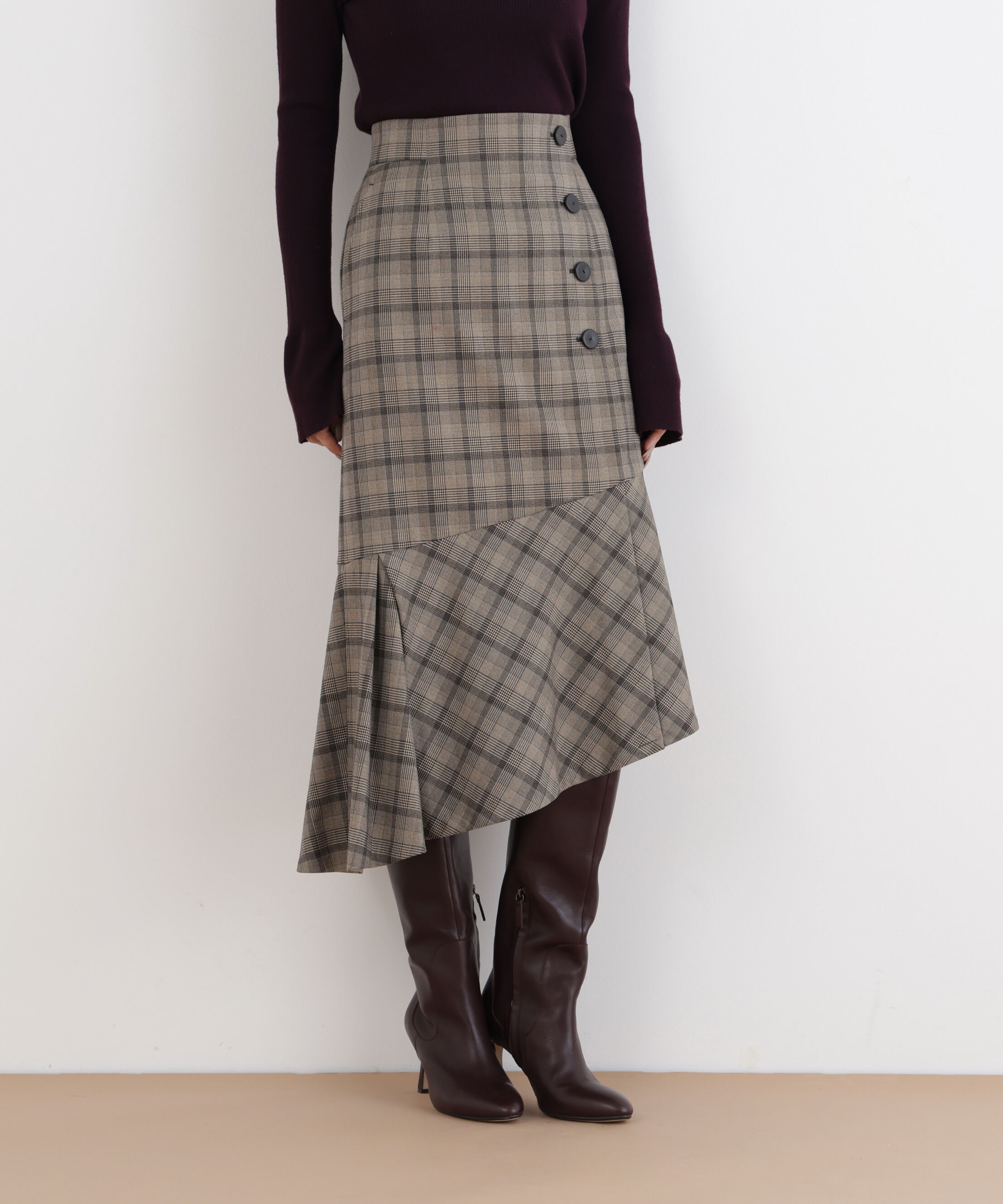  「◆グレンチェックアシンメトリーラッフルスカート」|スカート|ベージュ