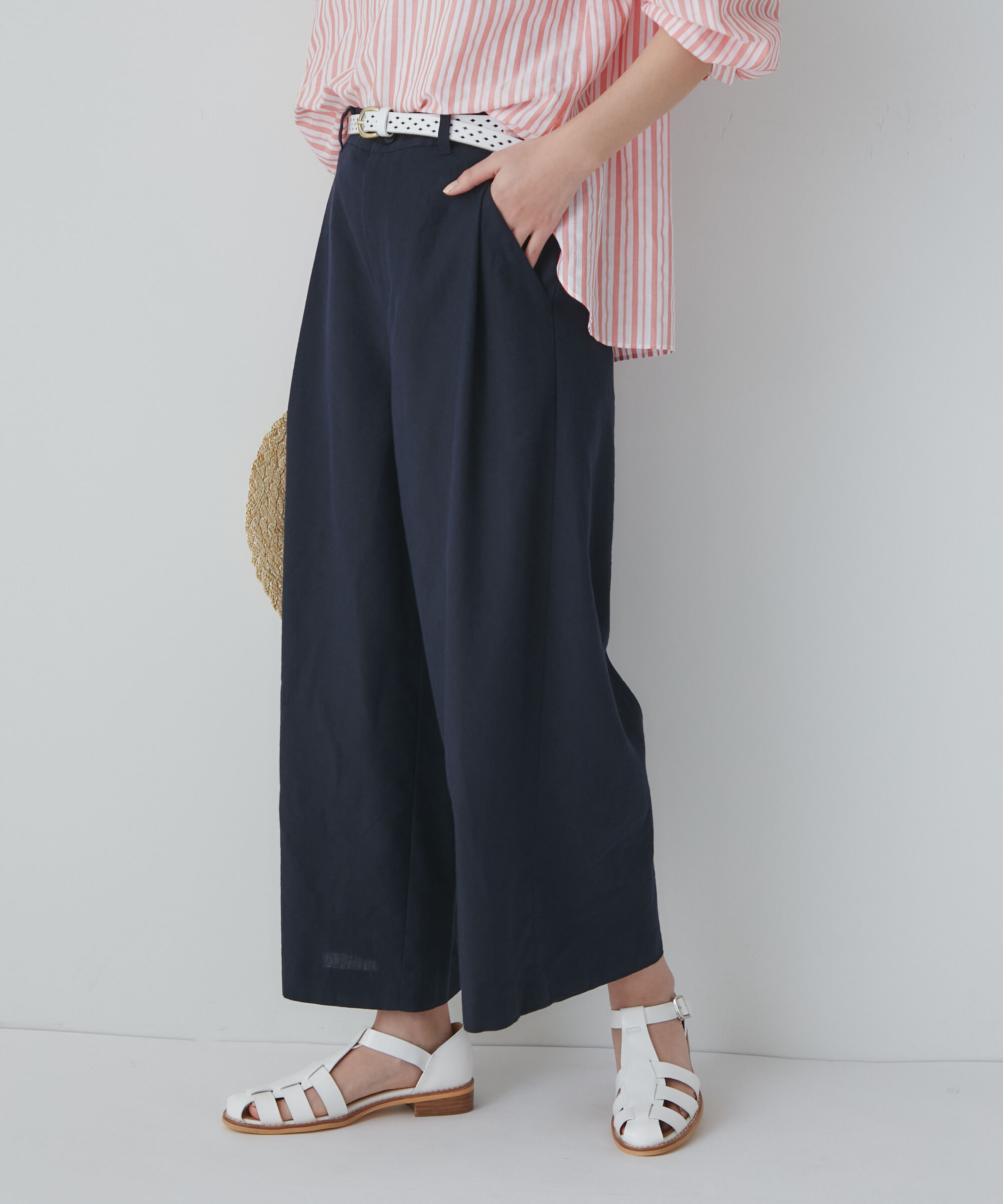  「◆ＰＥレーヨンリネンセミワイドパンツ」|その他|ネイビー