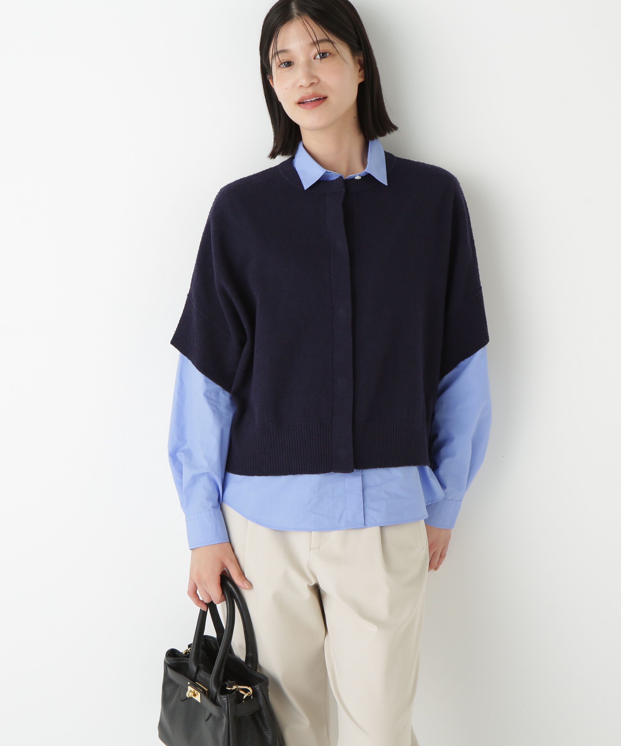  「◆綿ナイロンブークレ半袖カーディガン」|ニット・セーター|ネイビー