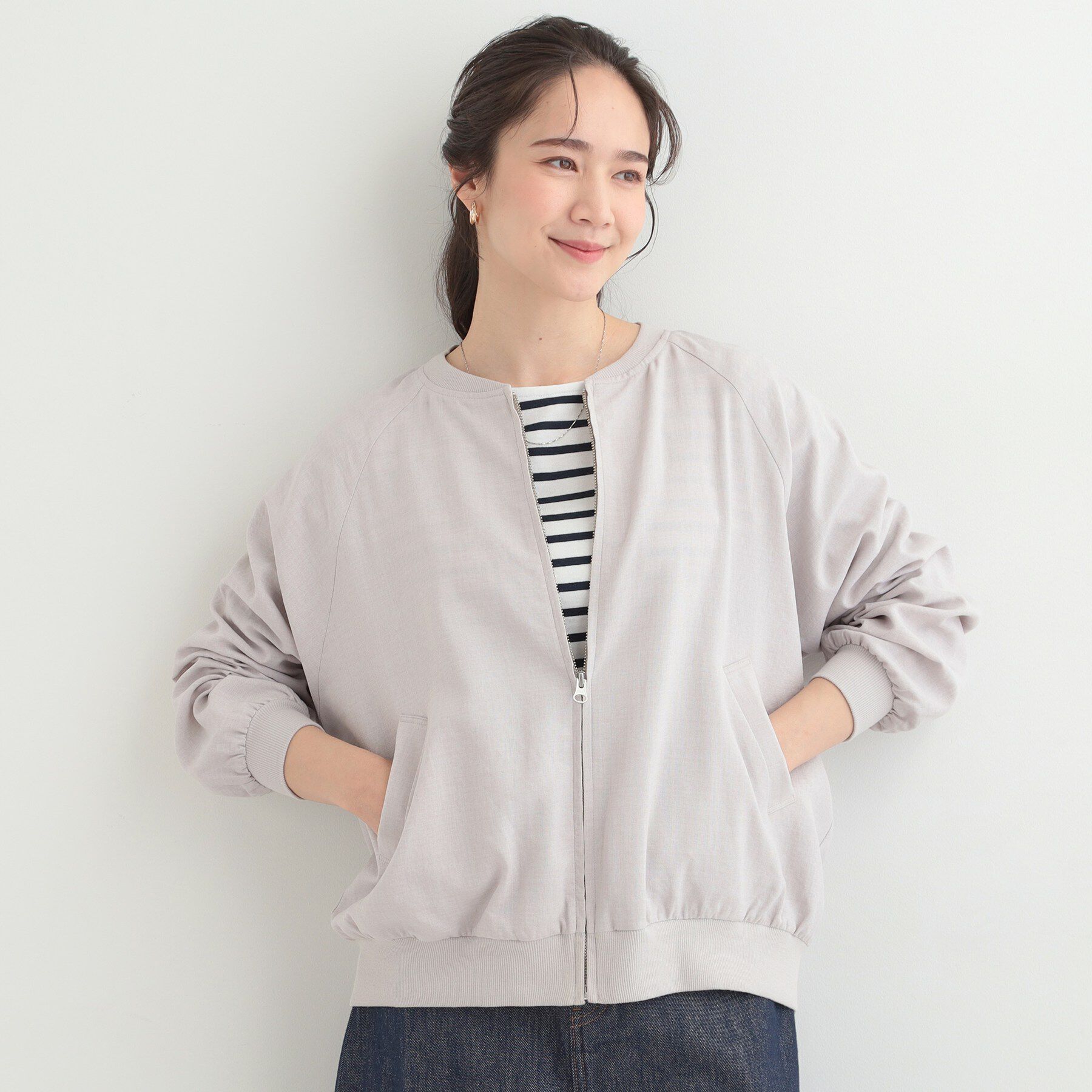 SHOO･LA･RUE「【洗濯機可/S-LL】さらっと快適　麻調ゆるリブブルゾン」|ブルゾン・スタジャン|