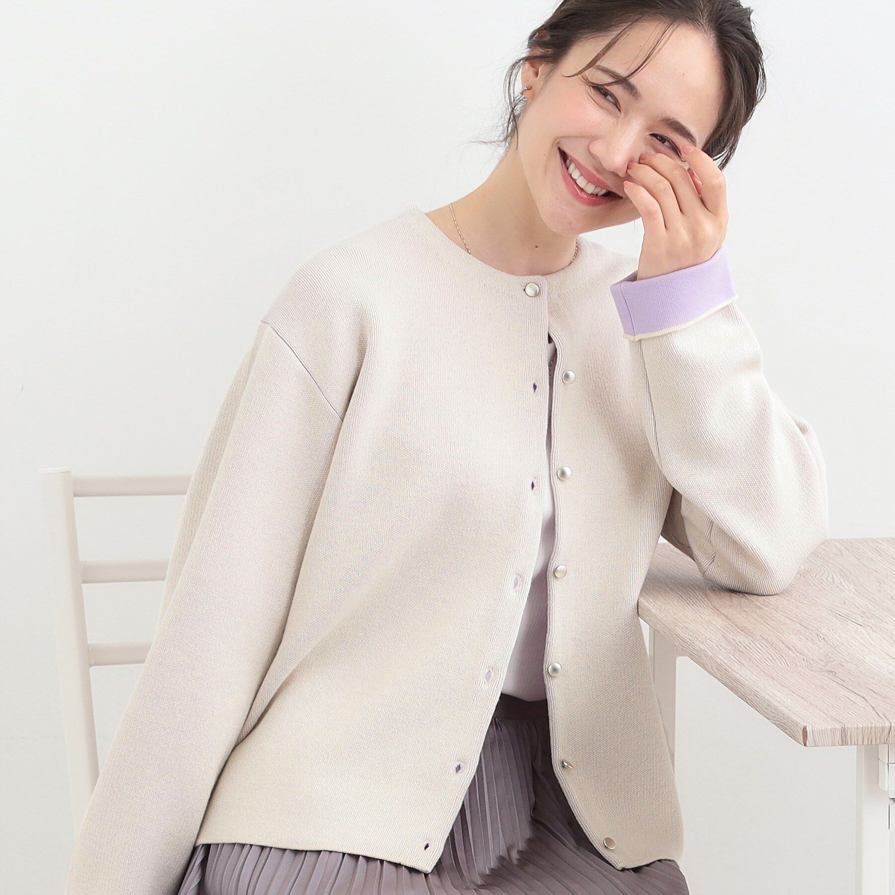 SHOO･LA･RUE「【洗濯機可/S-LL】品良くきまる 配色カーディガン」|カーディガン|オフホワイト(003