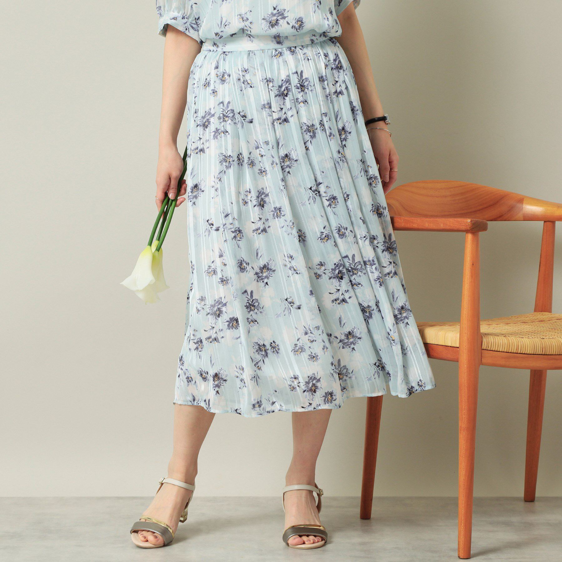 ITS&rsquo;DEMO「【ウエストゴム／手洗い可】ラメストライプ花柄スカート」|スカート|