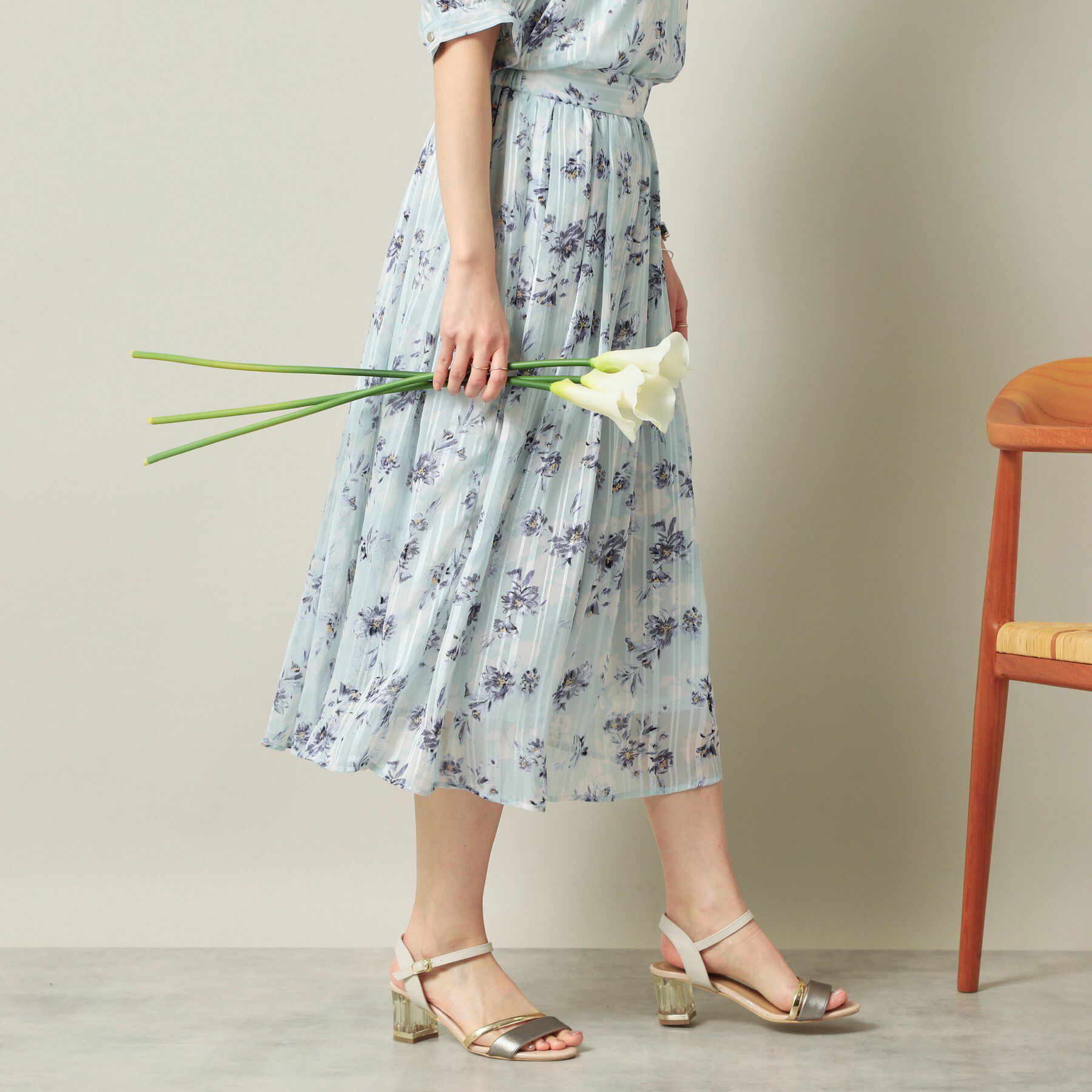 ITS&rsquo;DEMO「【ウエストゴム／手洗い可】ラメストライプ花柄スカート」|スカート|ミントグリーン(12