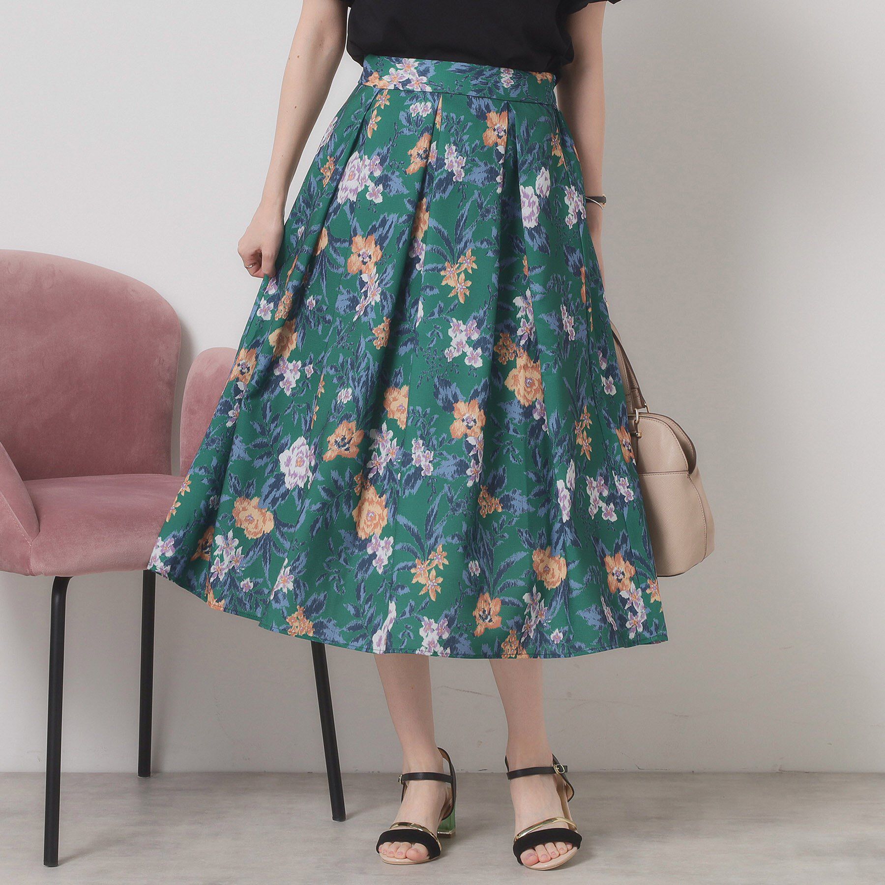 ITS&rsquo;DEMO「【清涼感／ウエストゴム／手洗い可】花柄麻調スカート」|スカート|グリーン(122)