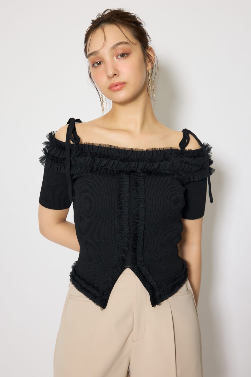 rienda「オフショルフリルニットトップス」|ニット・セーター|BLK