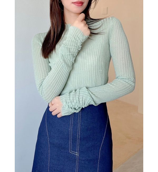 dazzlin「ハイネックミニスパンコールシアーニット」|ニット・セーター|グリーン