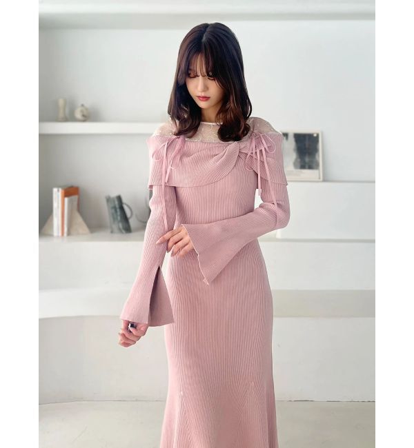 MERCURYDUO「レース切替オフショルニットワンピース」|ワンピース|