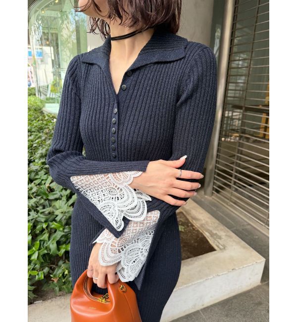 LAGUNAMOON「ラメブレンドレースカフスニットワンピース」|ワンピース|ネイビー