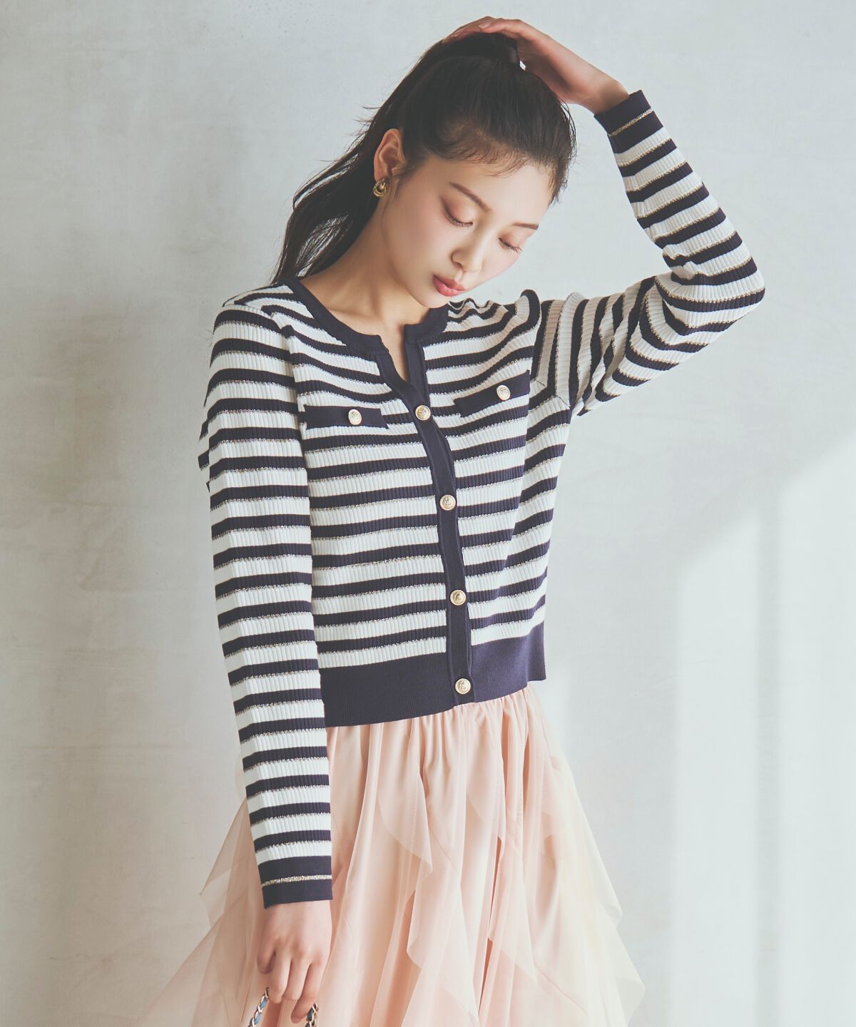 アンドクチュール「ラメボーダーニットカーディガン」|カーディガン|