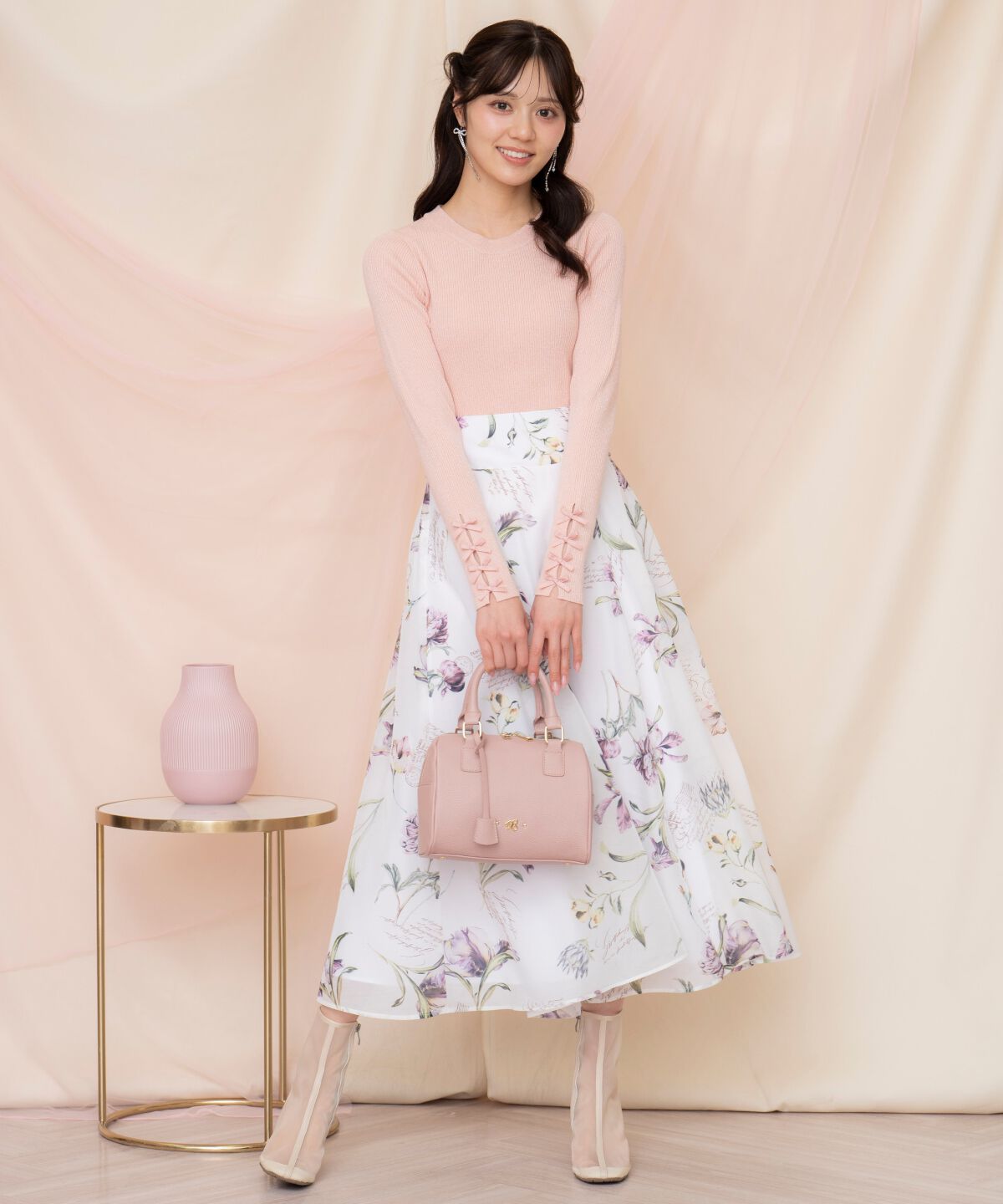 WILLSELECTION「ビッグリボンシアーフラワースカート」|フレア|白系花柄