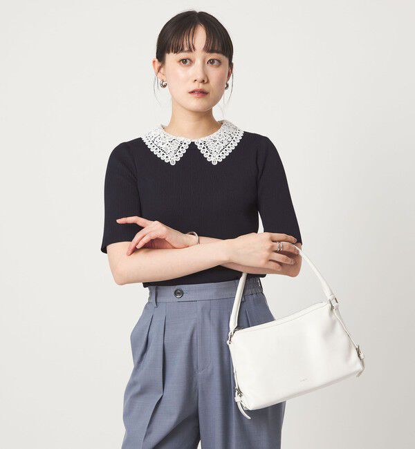 UNITED ARROWS green label relaxing「リブ エリレース 2WAY 5分袖 ニット プルオーバー」|ニット・セーター|NAVY