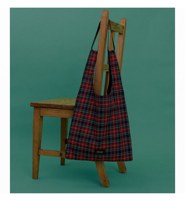 BEAMS「チェック ショッパー L」|ポーチ|NAVY&times;RED