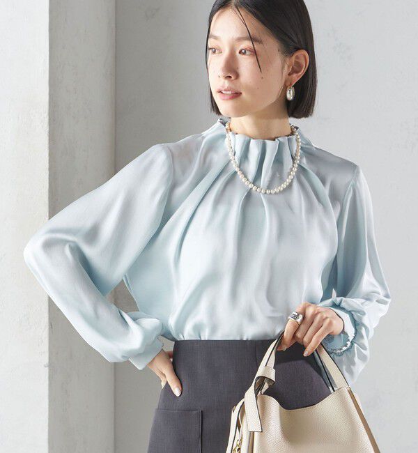 SHIPS for women「【一部WEB限定】〈手洗い可能〉ヴィンテージ サテン ネック ギャザー ブラウス」|シャツ・ブラウス|ライトブルー