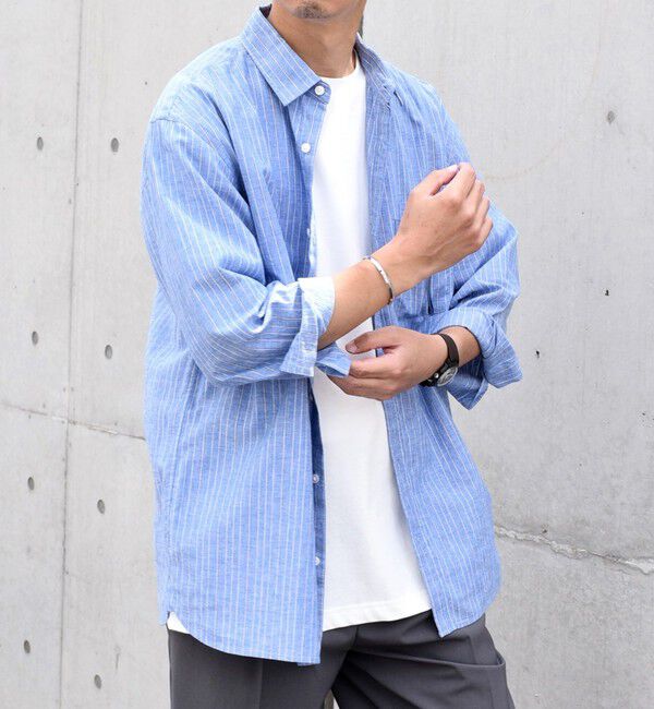 SHIPS any「SHIPS any: 〈洗濯機可能〉コットン / リネン ブルー ストライプ 7分袖 レギュラー シャツ◇」|シャツ・ブラウス|