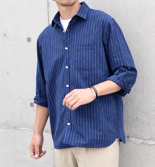 SHIPS any「SHIPS any: 〈洗濯機可能〉コットン / リネン ブルー ストライプ 7分袖 レギュラー シャツ◇」|シャツ・ブラウス|ダークブルー