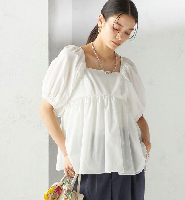 SHIPS for women「〈手洗い可能〉ストレッチ タフタ ウエスト ギャザー ブラウス」|シャツ・ブラウス|ホワイト
