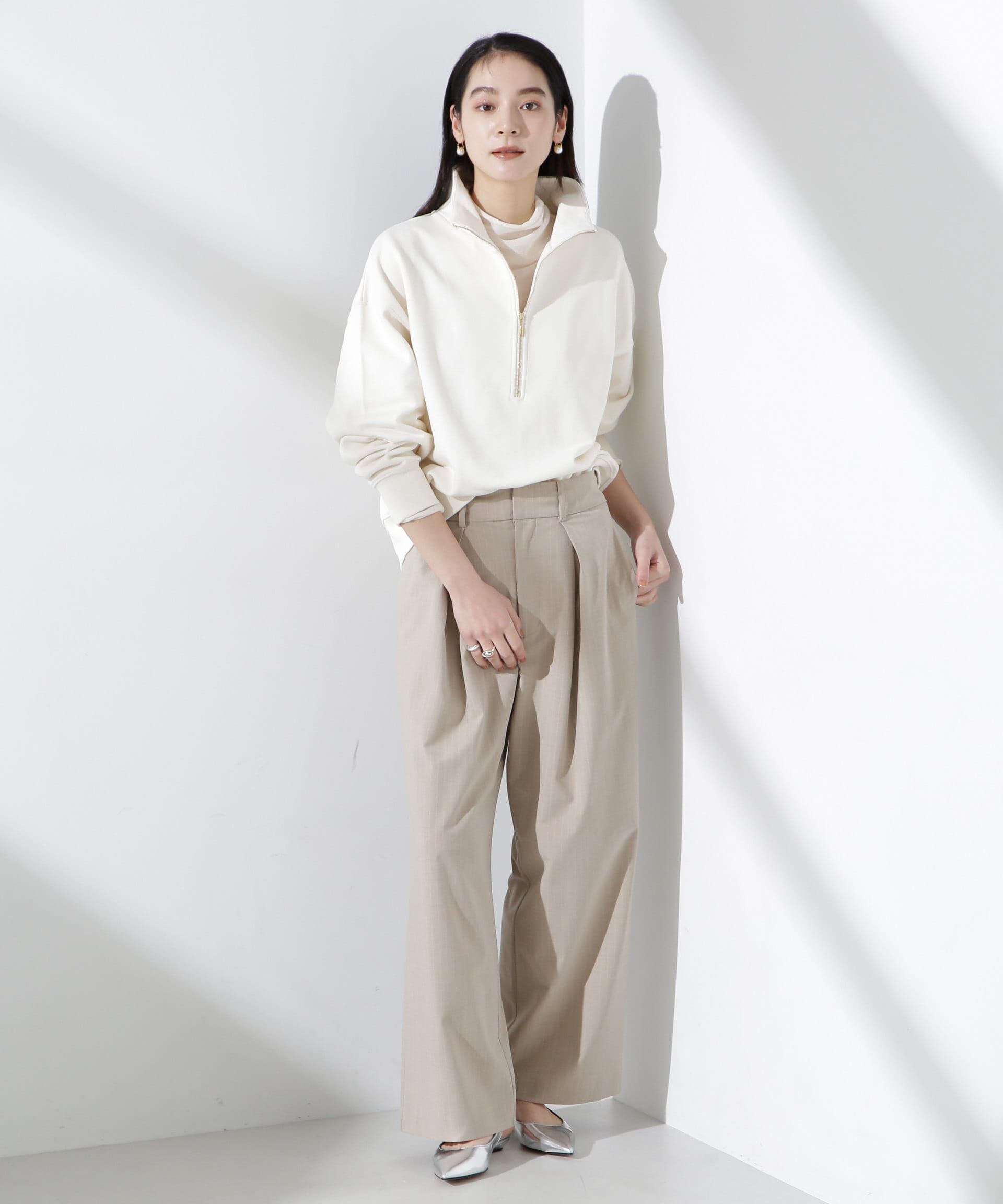 nano･universe「トロストレッチレイヤードタックワイドパンツ（セットアップ可）」|チノ|