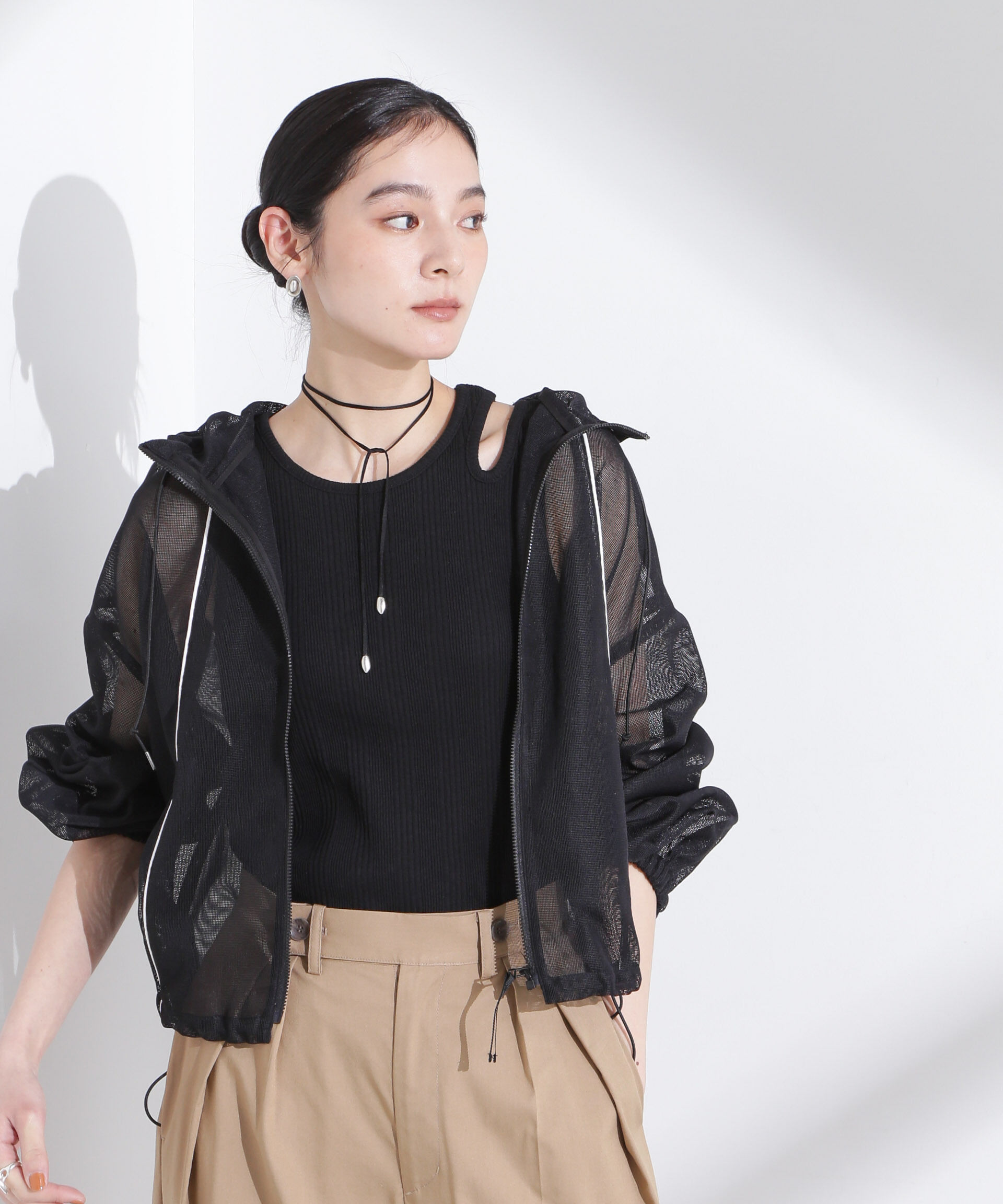 nano･universe「配色パイピングメッシュブルゾン」|ブルゾン・スタジャン|ブラック