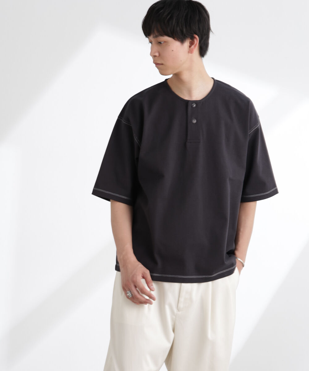nano･universe「ヘビーオンスワイドヘンリーネックTシャツ 半袖」|Tシャツ・カットソー|ブラック