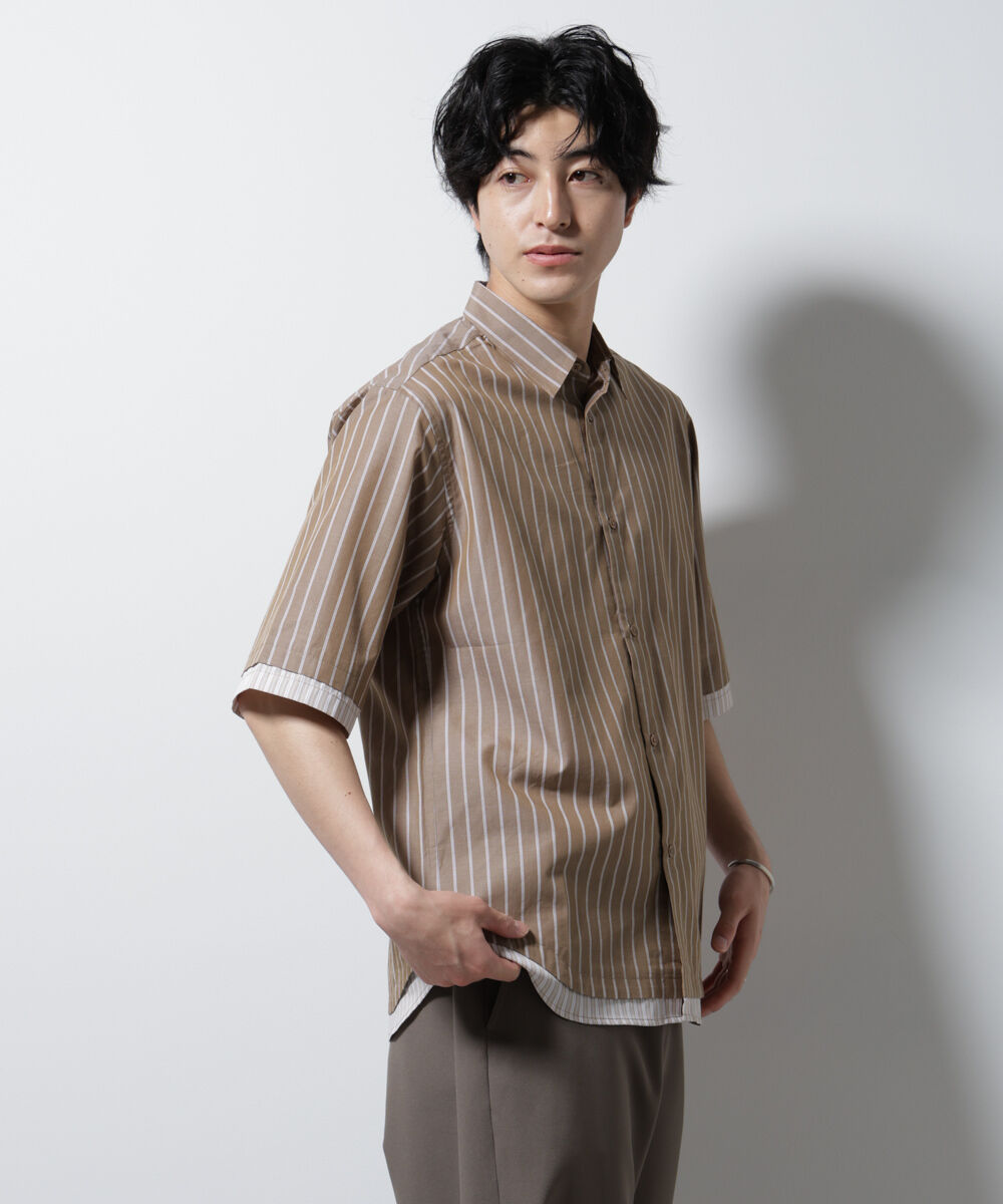 nano･universe「クレイジーストライプシャツ 半袖 １」|シャツ・ブラウス|ブラウン
