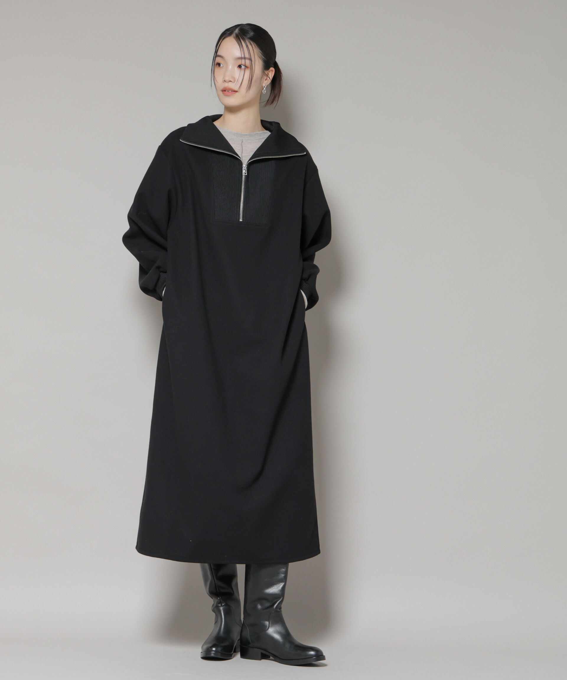 nano･universe「圧縮起毛ハーフジップワンピース」|ワンピース|ブラック