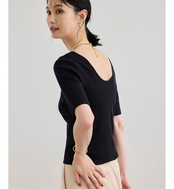 ROPE「【洗える】テレコ5分袖ニットプルオーバー」|ニット・セーター|ブラック(01)