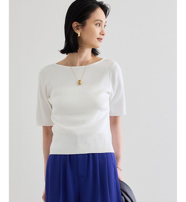 ROPE「【洗える】テレコ5分袖ニットプルオーバー」|ニット・セーター|ホワイト(10)