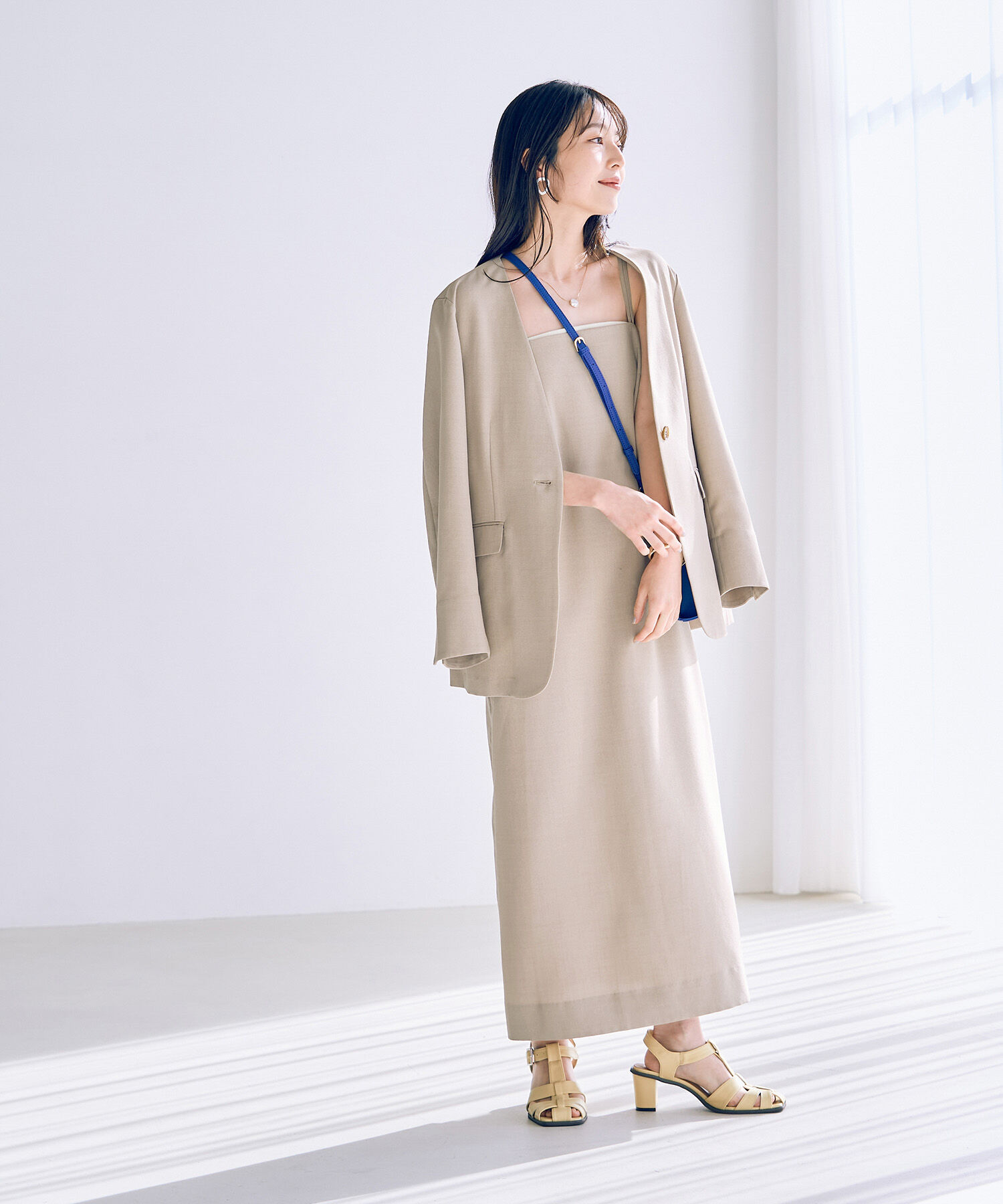 VIS「【洗える・接触冷感】美easyノーカラーVネックジャケット【セットアップ対応】」|ノーカラージャケット|