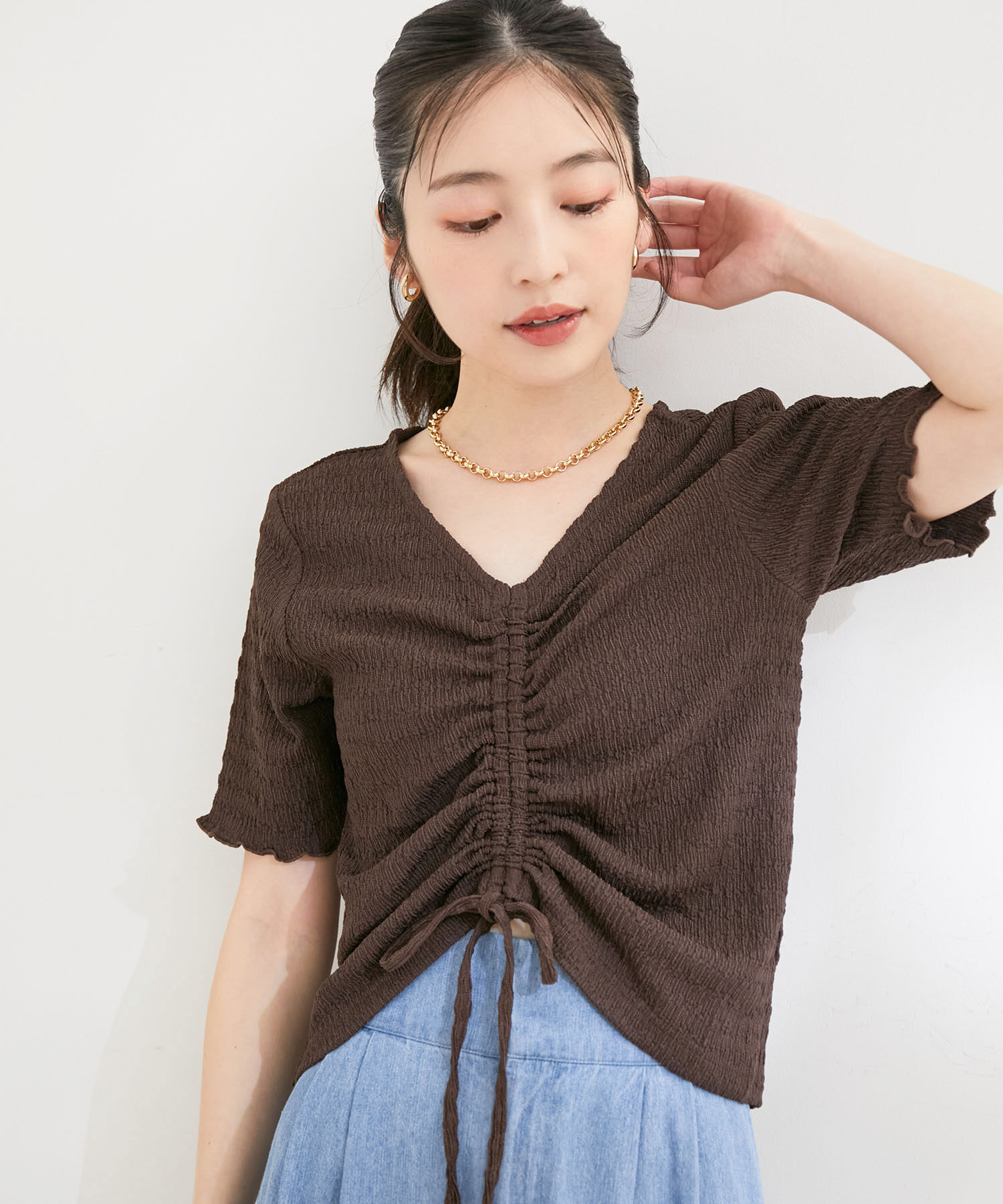 VIS「【洗える】ぽこぽこフロントシャーリングカットソー」|Tシャツ・カットソー|ブラウン(22)