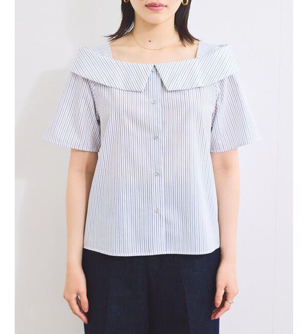 VIS「【防シワ】ラメミックスオフショルダー風ストライプシャツ」|シャツ・ブラウス|