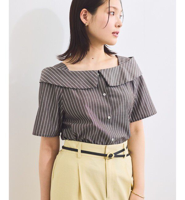 VIS「【防シワ】ラメミックスオフショルダー風ストライプシャツ」|シャツ・ブラウス|