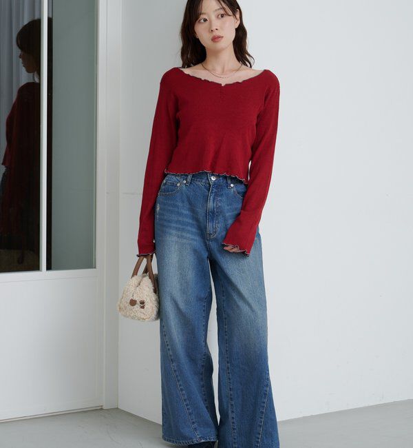  「【2サイズ展開/低身長サイズ/ウエスト調節可】カーブステッチデニム」|デニム|