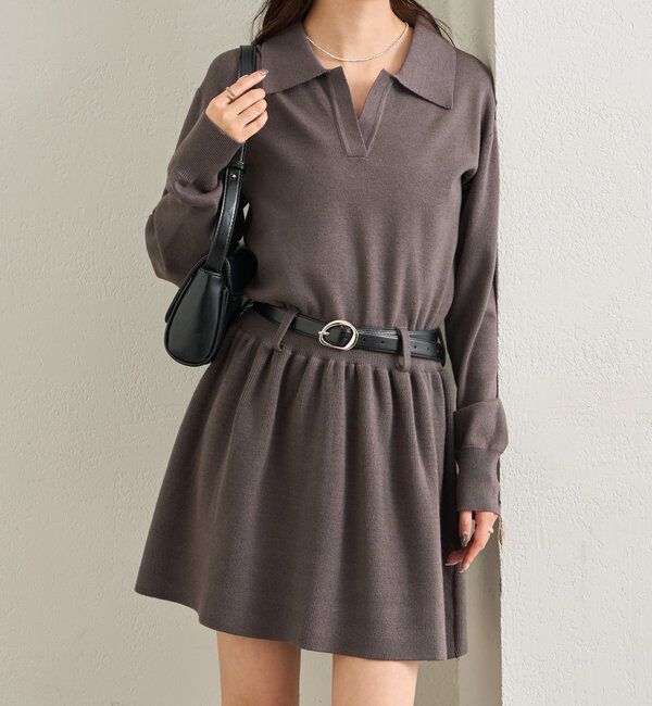  「ベルト付きポロニットワンピース」|ワンピース|