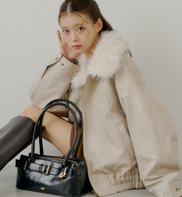  「【ファー取り外し可能】フェイクレザールーズジップブルゾン」|ブルゾン・スタジャン|アイボリー