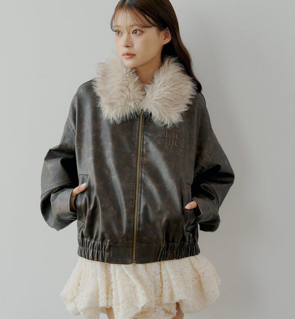  「【ファー取り外し可能】フェイクレザールーズジップブルゾン」|ブルゾン・スタジャン|