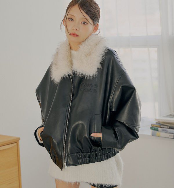  「【ファー取り外し可能】フェイクレザールーズジップブルゾン」|ブルゾン・スタジャン|