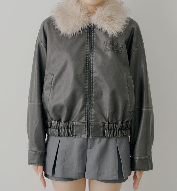  「【ファー取り外し可能】フェイクレザールーズジップブルゾン」|ブルゾン・スタジャン|