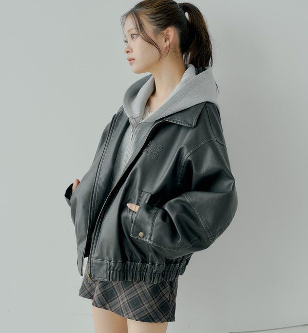  「【ファー取り外し可能】フェイクレザールーズジップブルゾン」|ブルゾン・スタジャン|