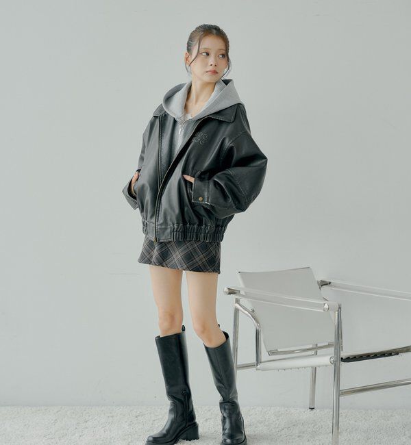  「【ファー取り外し可能】フェイクレザールーズジップブルゾン」|ブルゾン・スタジャン|