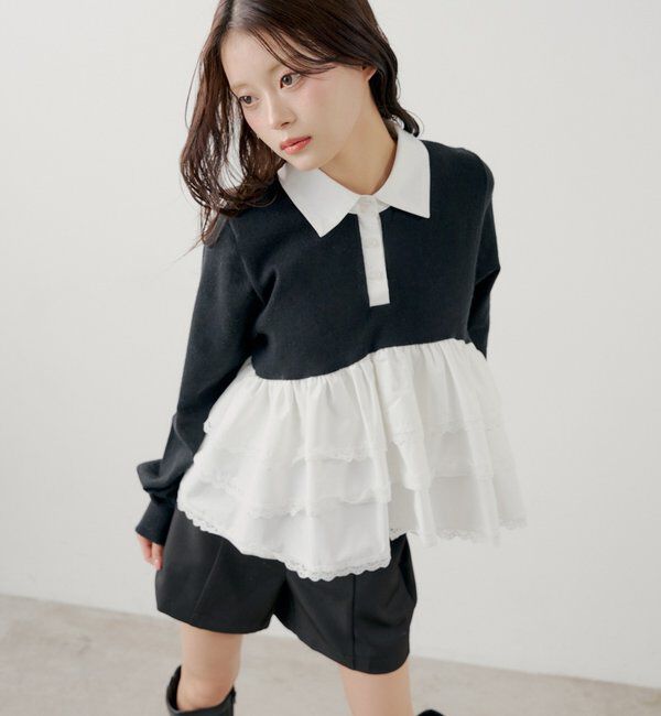  「【SALON by Chico】レースティアードペプラム襟付きニット」|ニット・セーター|ブラック