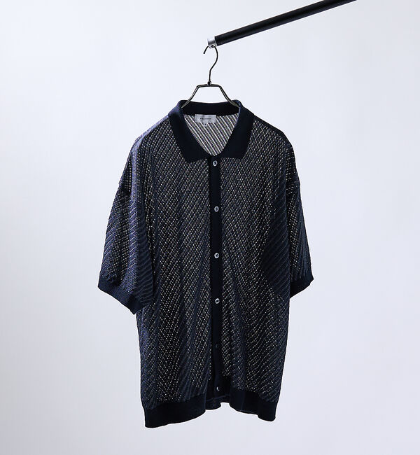 ABAHOUSE「【透かし編み】バイアス メッシュニットポロ  / ニットシャツ【予約】」|カーディガン|ブラック