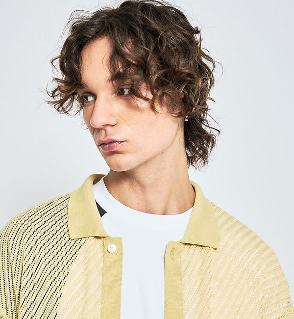 ABAHOUSE「【透かし編み】バイアス メッシュニットポロ  / ニットシャツ【予約】」|カーディガン|