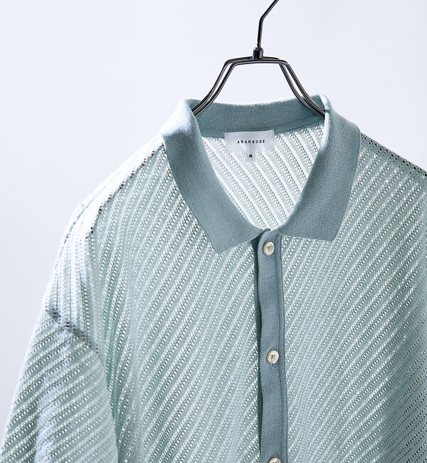 ABAHOUSE「【透かし編み】バイアス メッシュニットポロ  / ニットシャツ【予約】」|カーディガン|