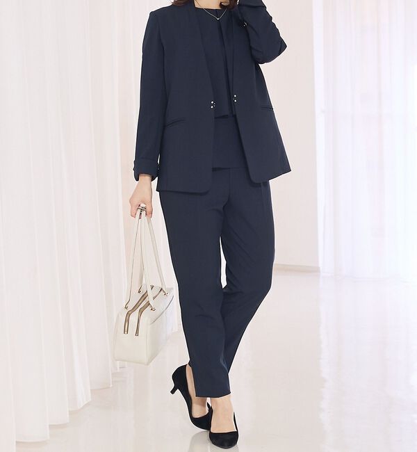 abahouse mavie「【エニデイカセット】ノーカラージャケット＆バックフレアパンツセットアップ」|スーツ|ダークネイビー