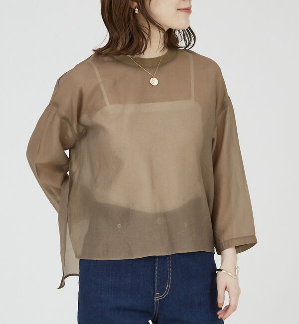 abahouse mavie「【シアートップス】７分袖シアーTシャツ」|Tシャツ・カットソー|モカ