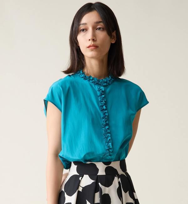 TIARA「ハイネックフリルブラウス」|シャツ・ブラウス|ターコイズ