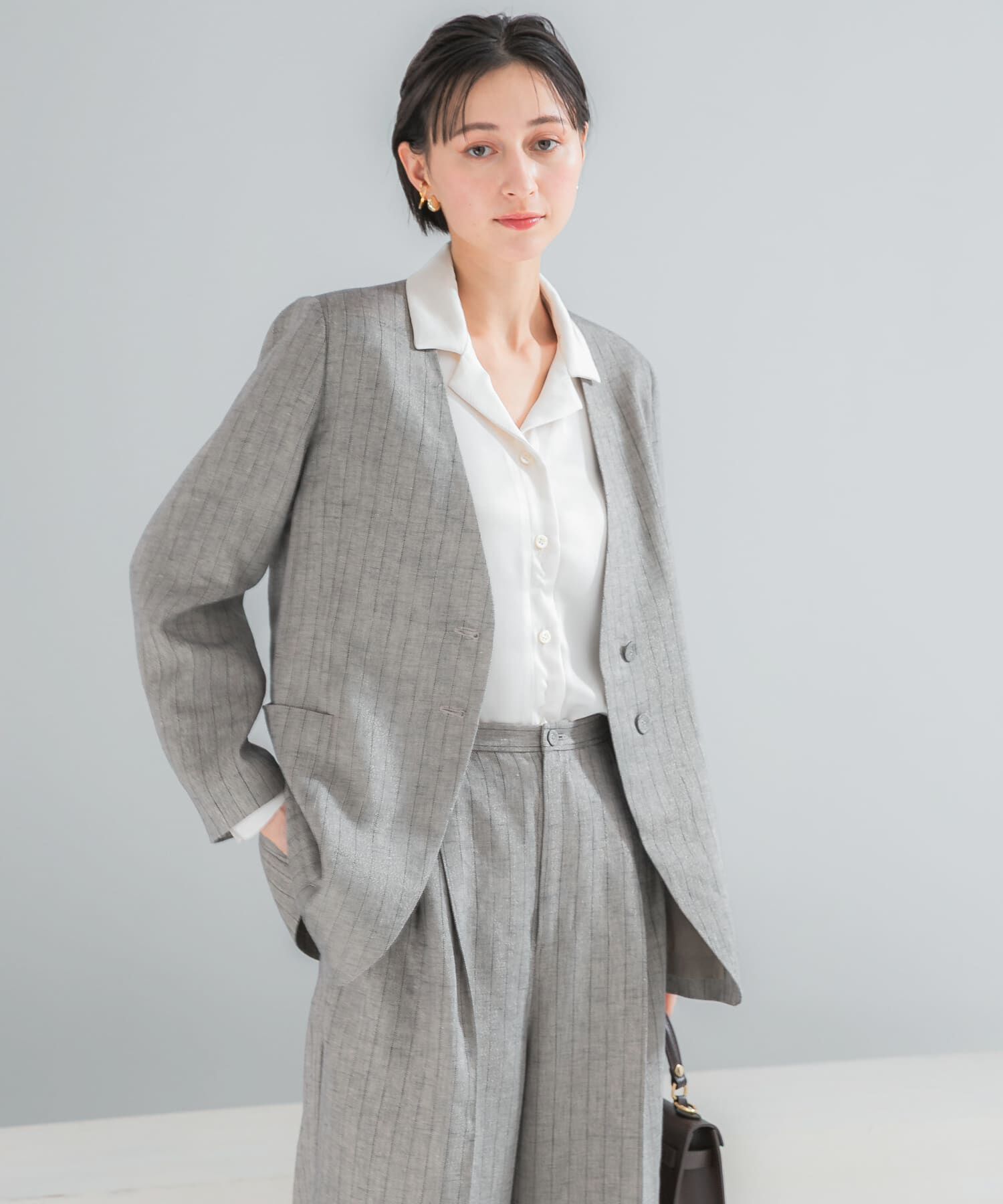 URBAN RESEARCH ROSSO「ラメリネンストライプノーカラージャケット」|ノーカラージャケット|チャコールグレー