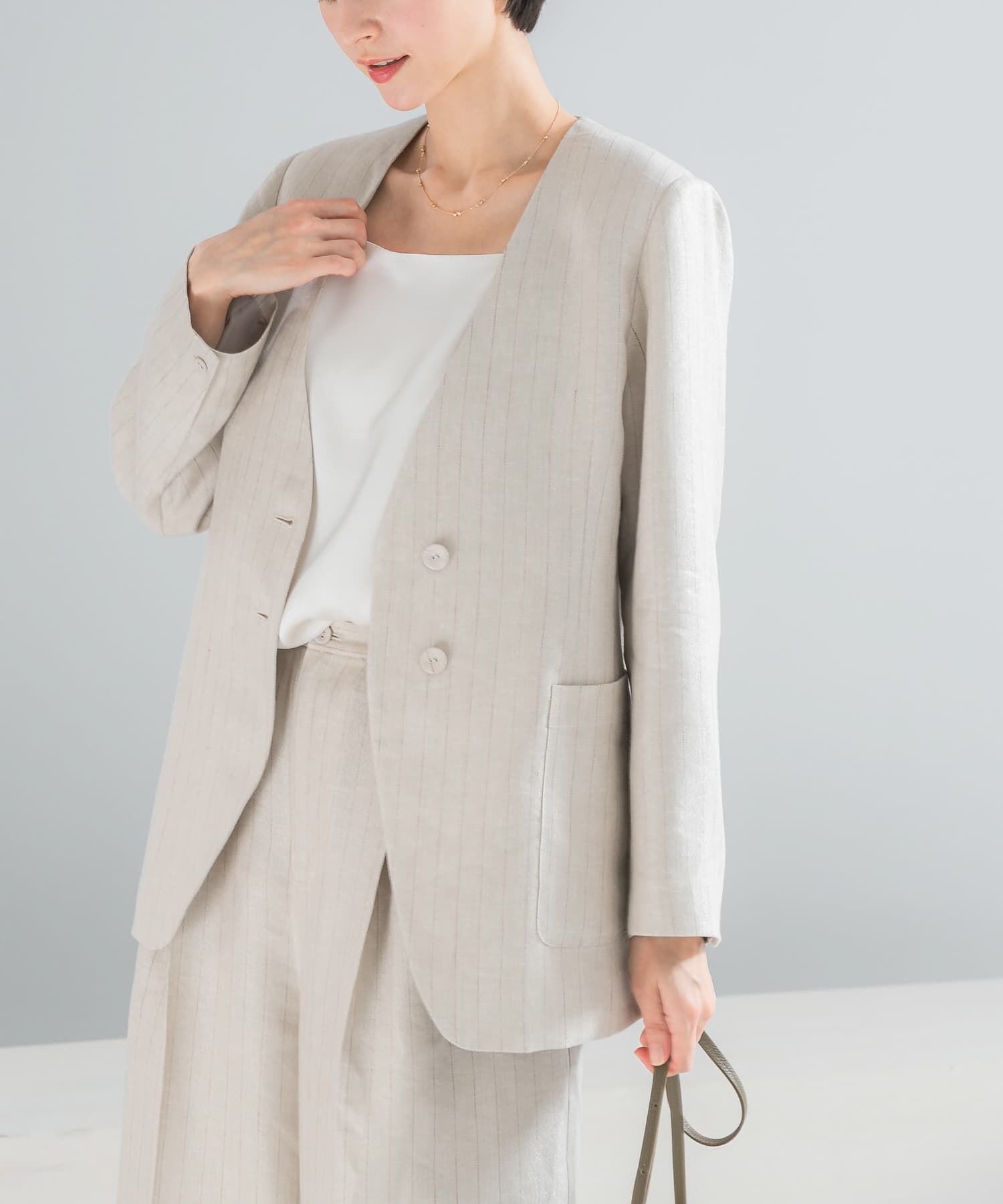 URBAN RESEARCH ROSSO「ラメリネンストライプノーカラージャケット」|ノーカラージャケット|