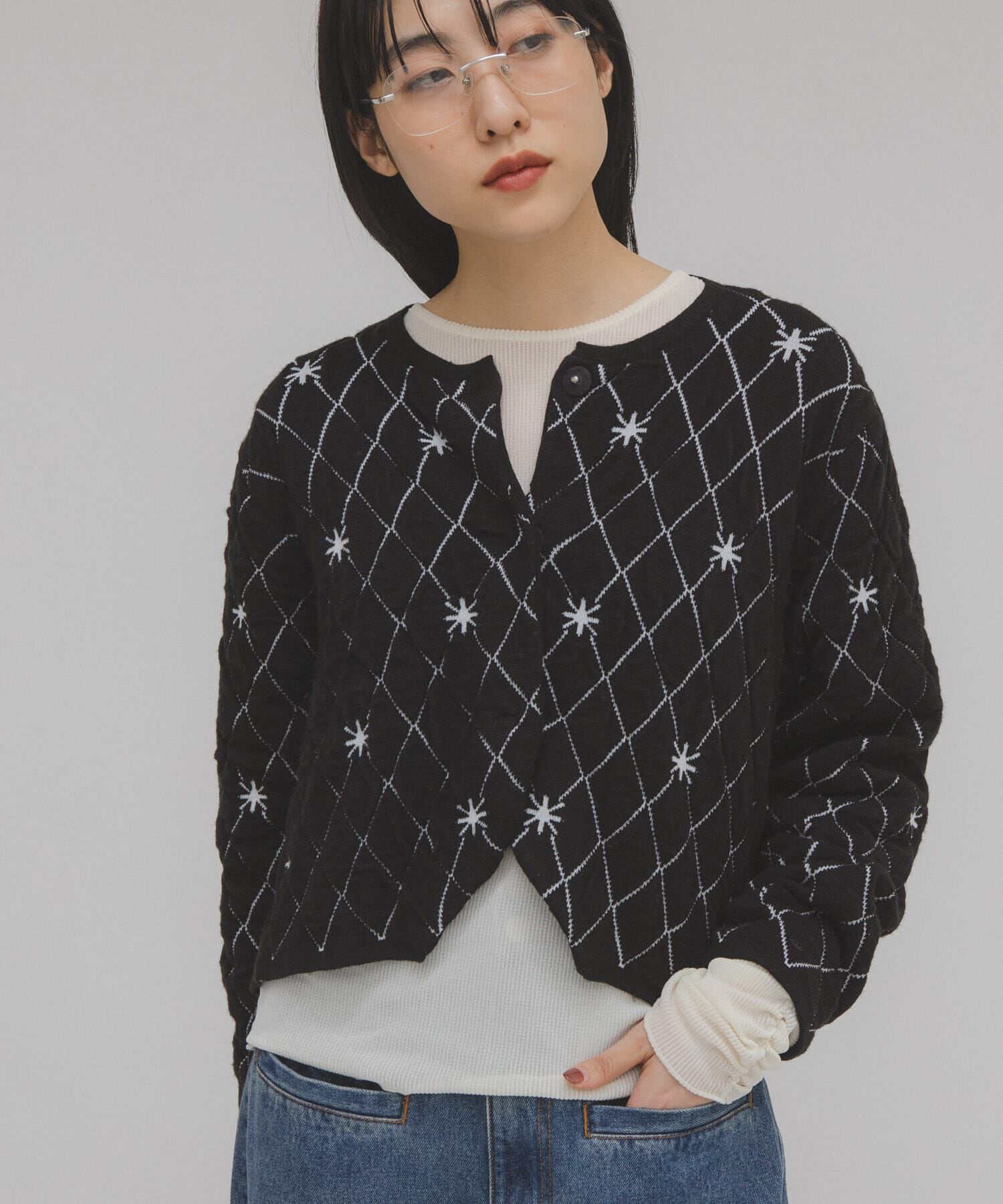  「キルティングショートカーディガン」|ニット・セーター|ブラック